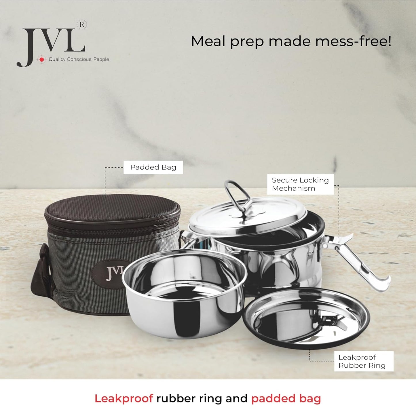 JVL Leak-Proof Stainless Steel Double Decker Lunch Box 600ml with Bag 2-Compartment Tiffin for Office & Kids Use Durable, Compact & Easy to Carry