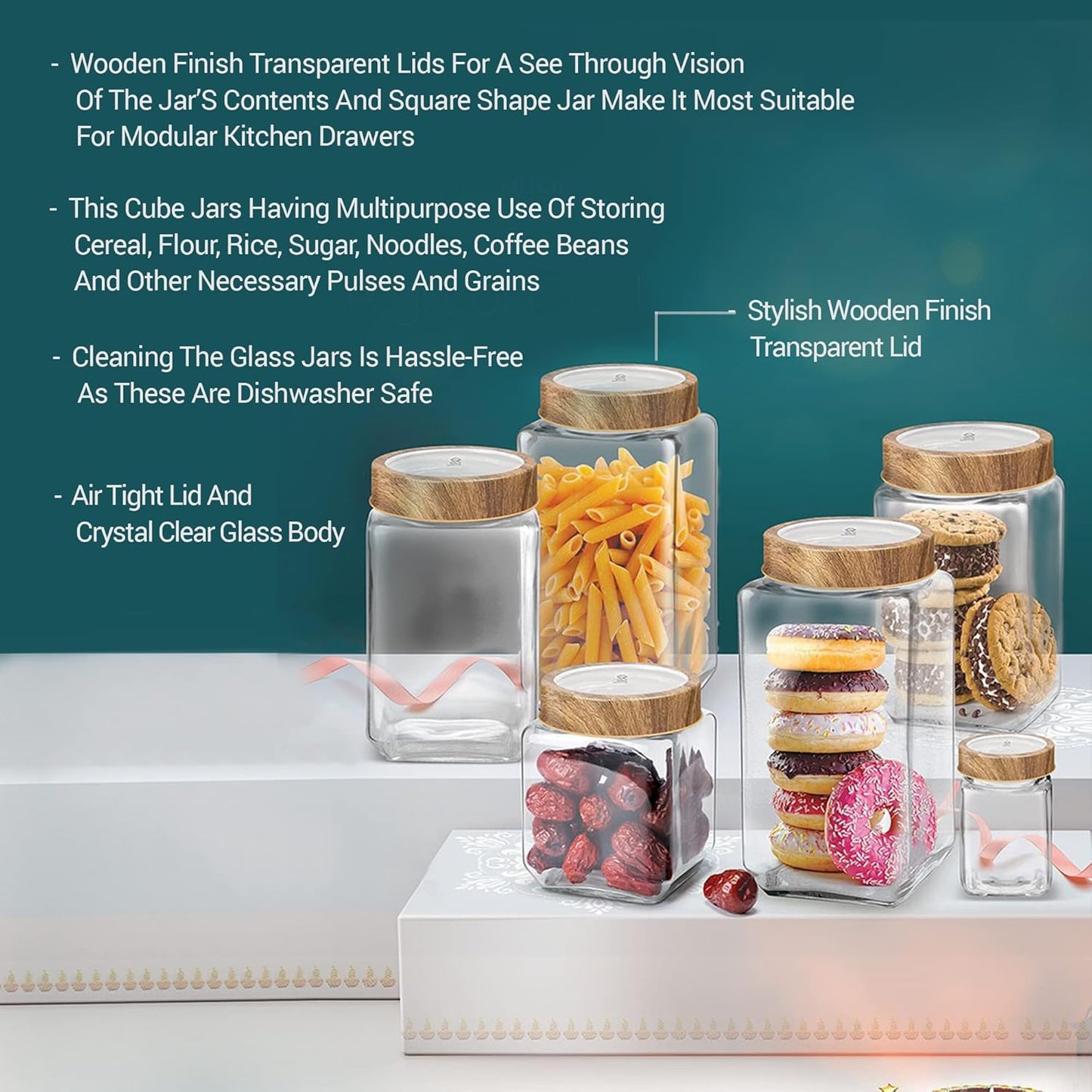 Treo By Milton Woody Cube Storage Glass Jar, Set of 6, 180 ml Each, Transparent