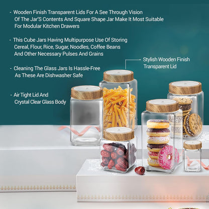 Treo By Milton Woody Cube Storage Glass Jar, Set of 6, 180 ml Each, Transparent