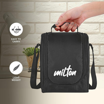 MILTON Pro Lunch Box with Steel Cutlery, 3 Microwave Safe Inner Steel Containers (180ml, 320ml, 450ml) Plastic Chutney Dabba 100ml, Bottle 750ml with Insulated Bag, Office Tiffin, Black