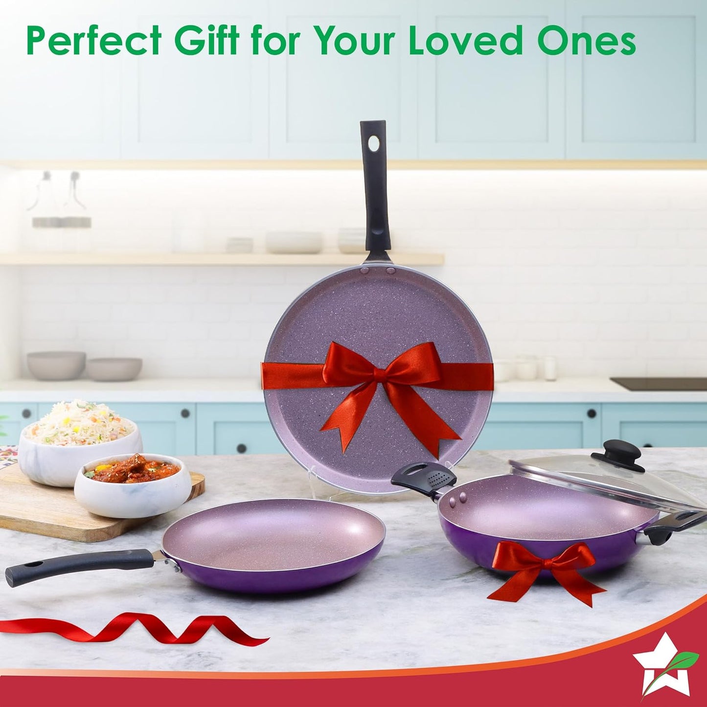 Wonderchef Valencia Non-Stick Cookware 4 Piece Set | Kadhai with Lid 24 cm, Fry Pan 24 cm, Dosa Tawa 28 cm