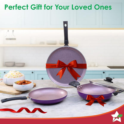 Wonderchef Valencia Non-Stick Cookware 4 Piece Set | Kadhai with Lid 24 cm, Fry Pan 24 cm, Dosa Tawa 28 cm