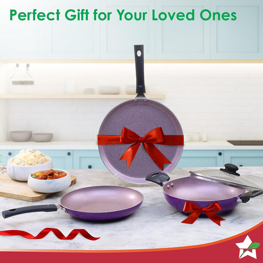 Wonderchef Valencia Non-Stick Cookware 4 Piece Set | Kadhai with Lid 24 cm, Fry Pan 24 cm, Dosa Tawa 28 cm