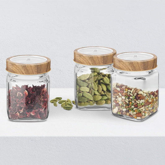 Treo By Milton Woody Cube Storage Glass Jar, Set of 6, 180 ml Each, Transparent