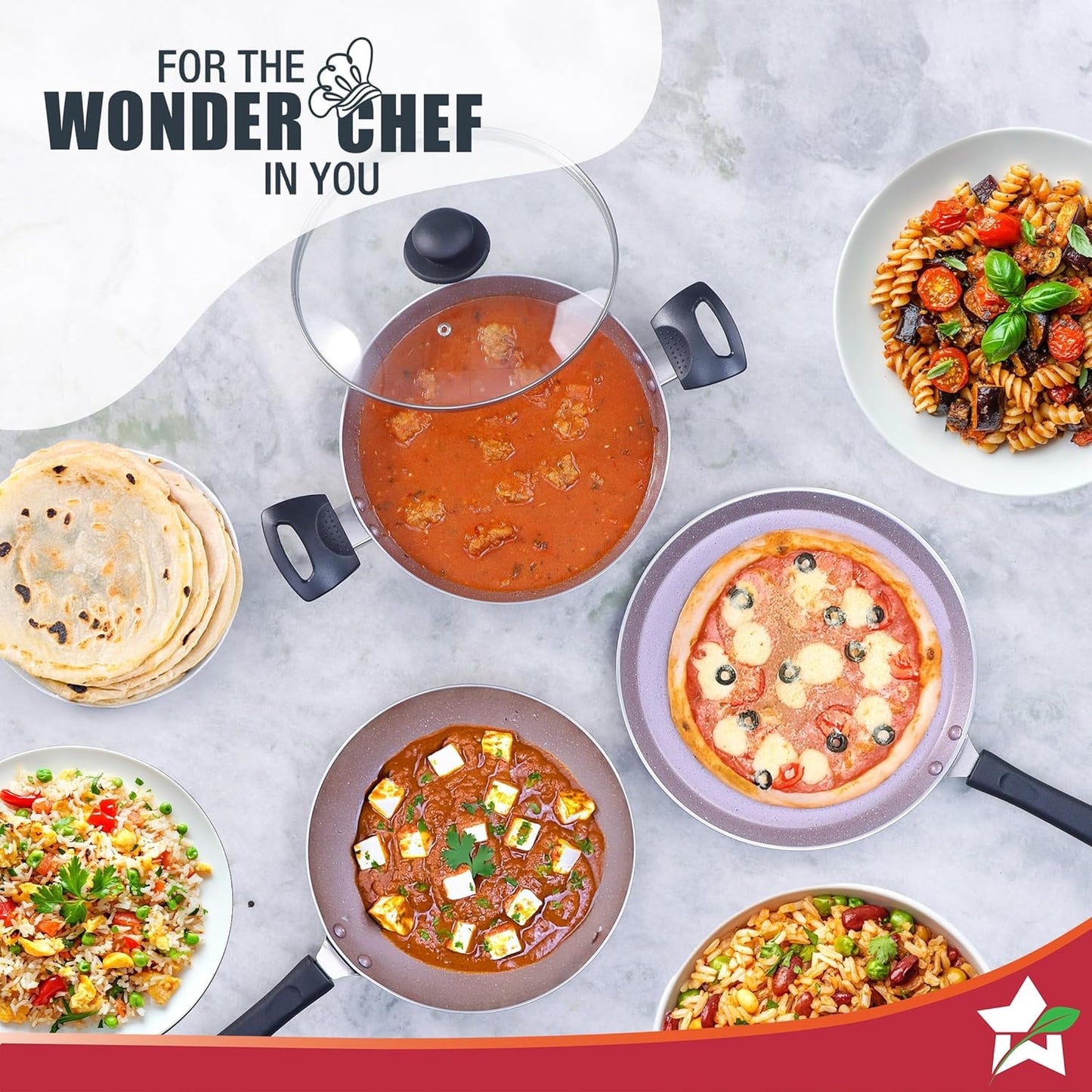 Wonderchef Valencia Non-Stick Cookware 4 Piece Set | Kadhai with Lid 24 cm, Fry Pan 24 cm, Dosa Tawa 28 cm