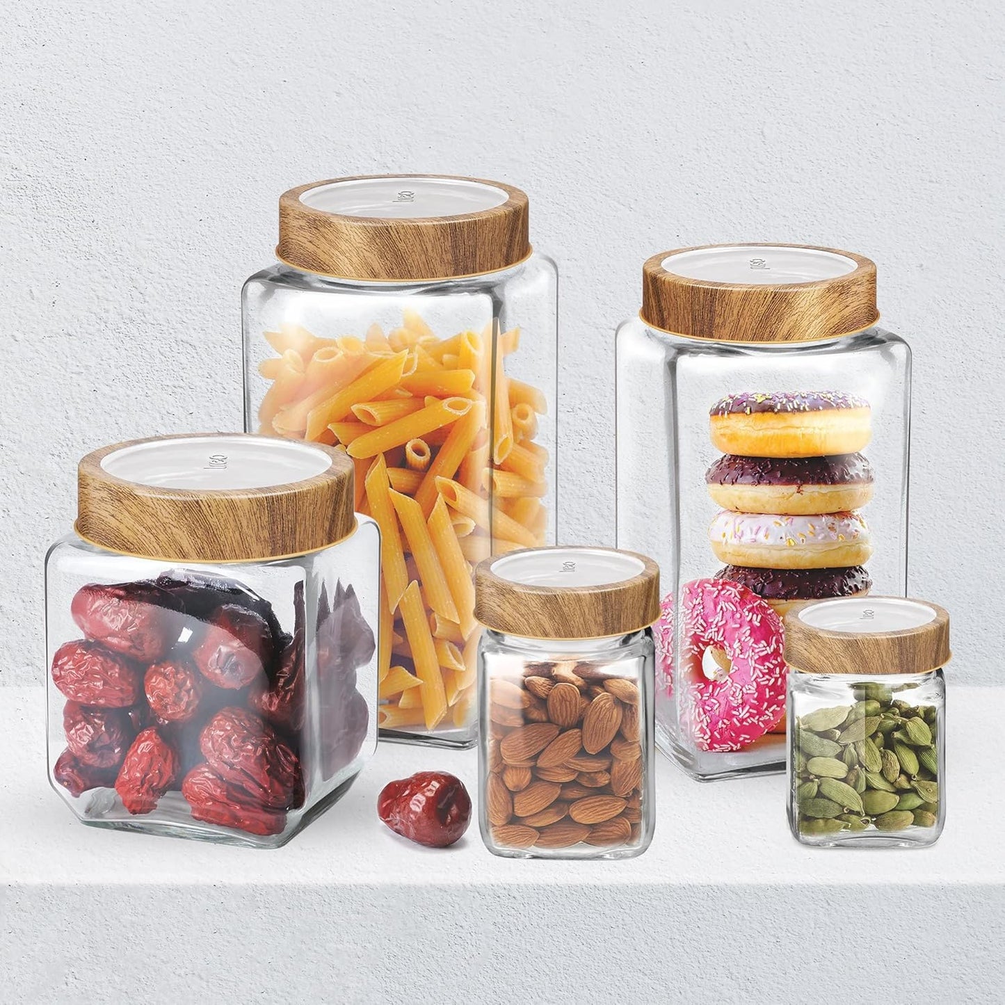 Treo By Milton Woody Cube Storage Glass Jar, Set of 6, 180 ml Each, Transparent