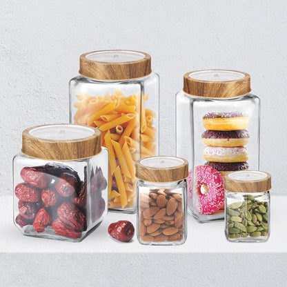 Treo By Milton Woody Cube Storage Glass Jar, Set of 6, 180 ml Each, Transparent