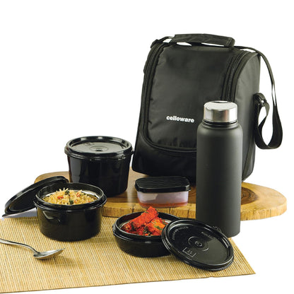 Cello All In One Lunch Box with Fabric Bag, Black