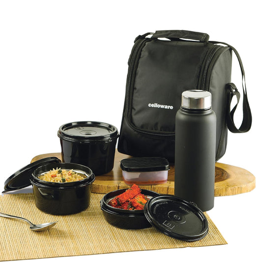 Cello All In One Lunch Box with Fabric Bag, Black