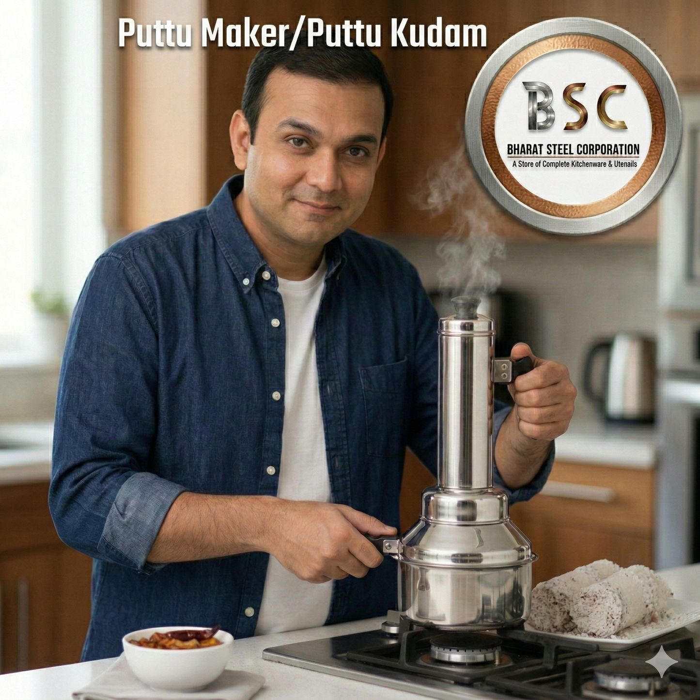 JVL Stainless Steel Puttu Kudam Maker with Triply Base, comes with Lid