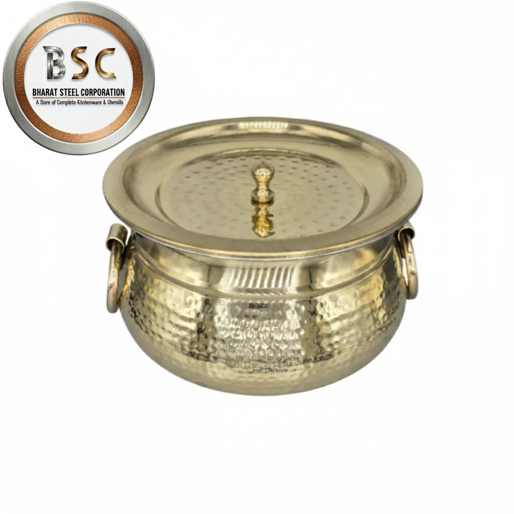 Brass Hammered Ring Handi Deg with Handle & Lid, Kalai Coating, 8", 3 Litre