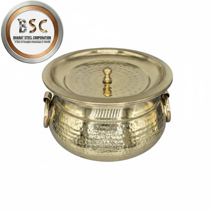 Brass Hammered Ring Handi Deg with Handle & Lid, Kalai Coating, 8", 3 Litre