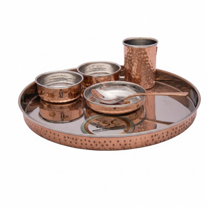 SS Copper Steel Hammered Thali Set 12", Set of 6pcs