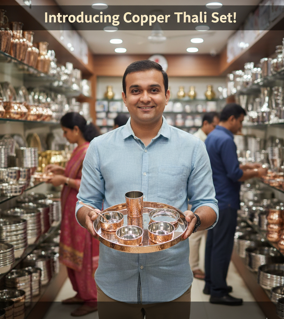 SS Copper Hammered Round Thali 13" Set of 7pcs