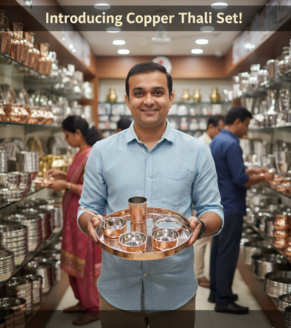 SS Copper Hammered Round Thali 13" Set of 7pcs