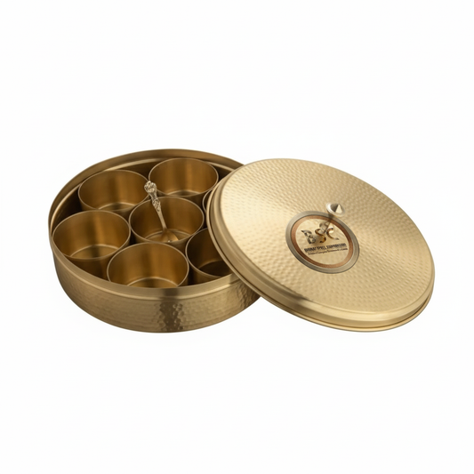 Pure Brass Traditional Masala Box / Dabba, Heavy Duty, 7 Bowls, 1 Spoon