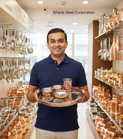 SS Copper Steel Hammered Thali Set 12", Set of 6pcs