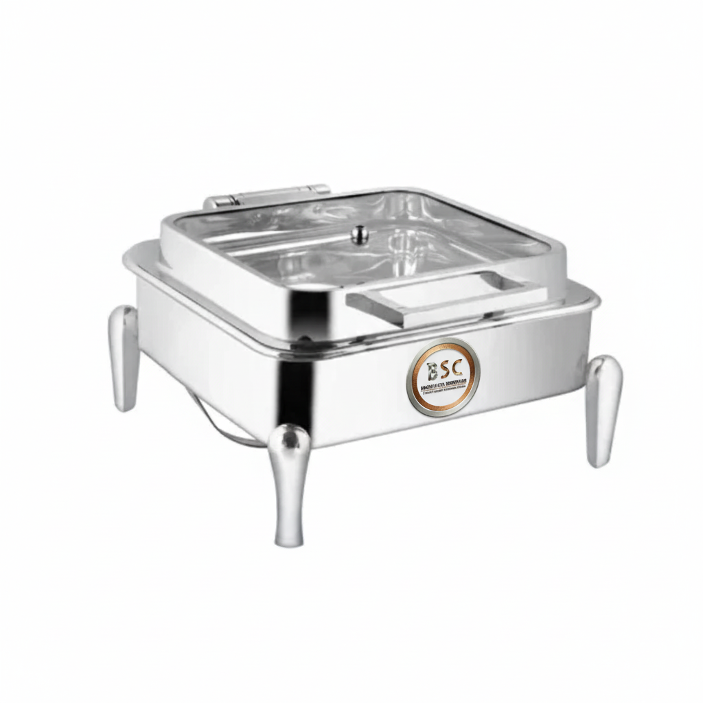 Premium Stainless Steel Square Full Glass Hydraulic Chafing Dish with Neo Legs