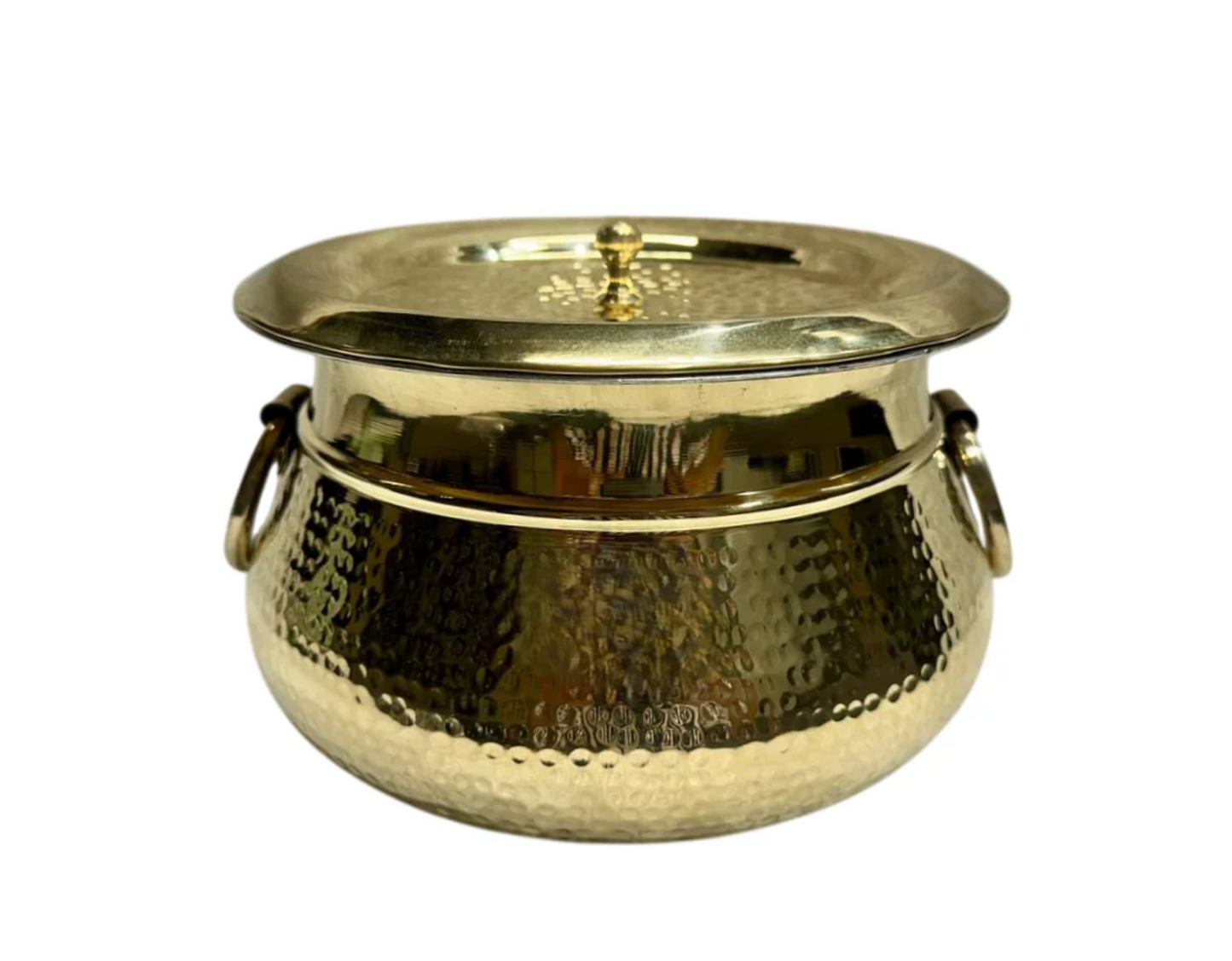Brass Hammered Ring Handi Deg with Handle & Lid, Kalai Coating, 8", 3 Litre