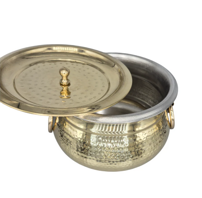 Brass Hammered Ring Handi Deg with Handle & Lid, Kalai Coating, 8", 3 Litre