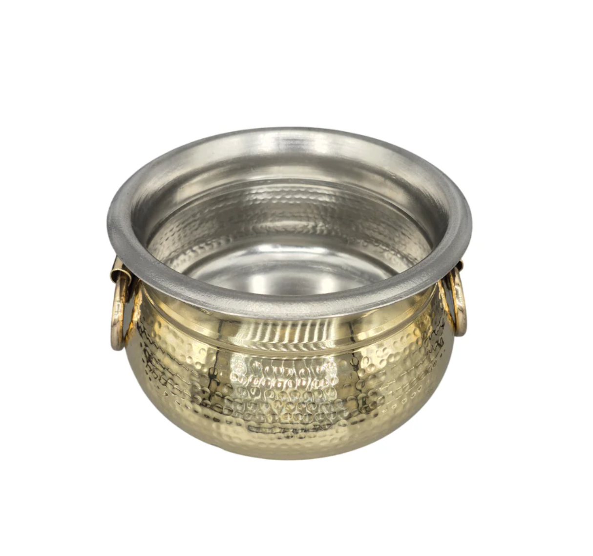 Brass Hammered Ring Handi Deg with Handle & Lid, Kalai Coating, 8", 3 Litre