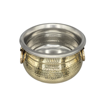 Brass Hammered Ring Handi Deg with Handle & Lid, Kalai Coating, 8", 3 Litre