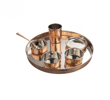 SS Copper Hammered Round Thali 13" Set of 7pcs
