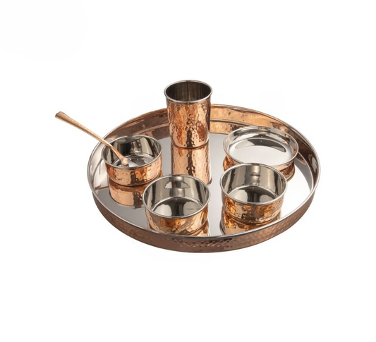 SS Copper Hammered Round Thali 13" Set of 7pcs