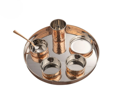 SS Copper Hammered Round Thali 13" Set of 7pcs