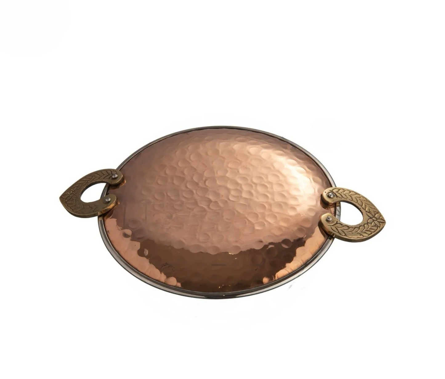Hammered Copper Stainless Steel Serving Tawa Platter with Brass Handle (2 Sizes)