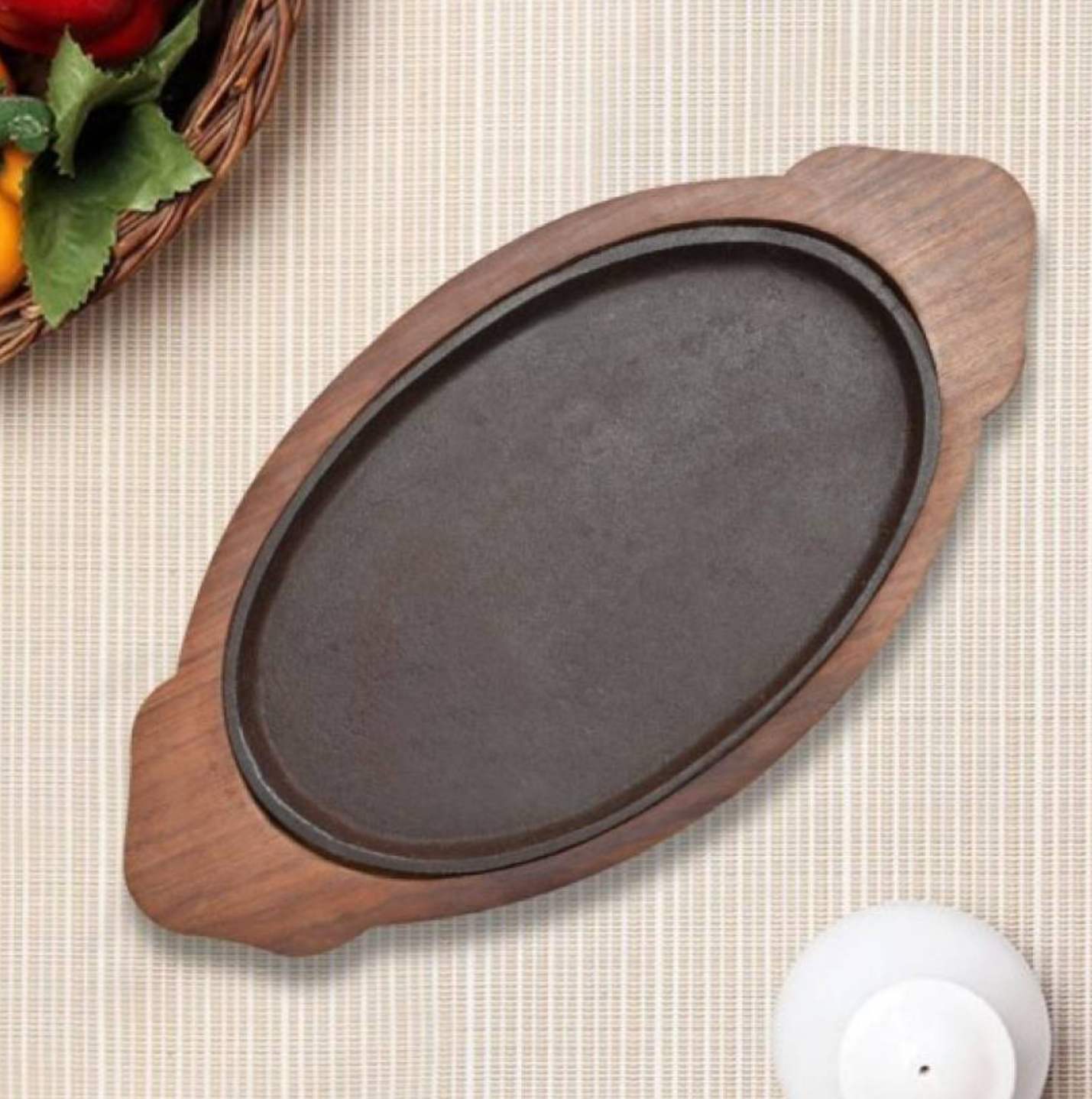 Heavy Duty Cast Iron Oval Sizzler with Wooden Base, 13" x 7", Woodenware