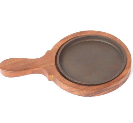 Sizzling Brownie Platter with Handle, Cast Iron Plate, Wooden Base (All Sizes)