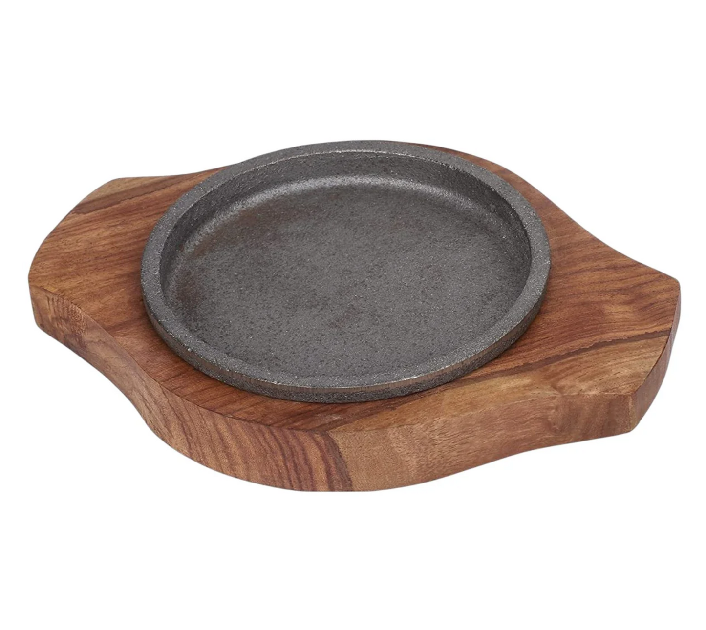 Sizzling Brownie Platter, Cast Iron Plate, Wooden Base, 9" Round