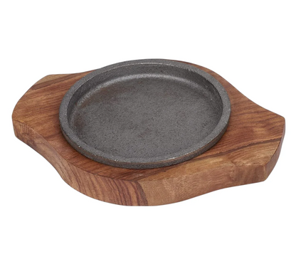 Sizzling Brownie Platter, Cast Iron Plate, Wooden Base, 9" Round