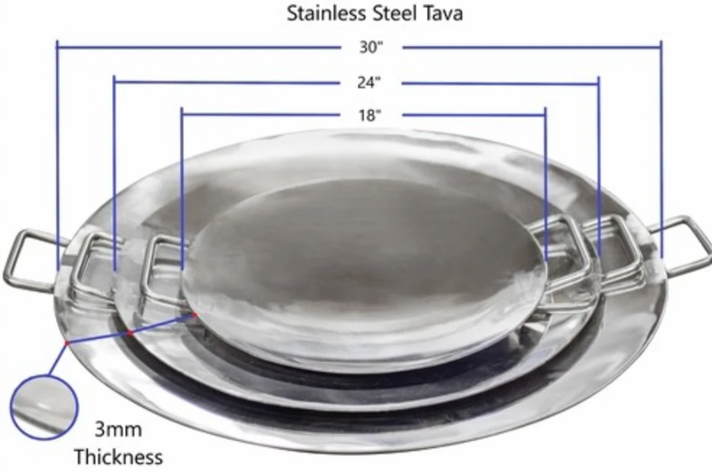 Stainless Steel Round Tikki Tawa Platter,3 MM Thick, (All Sizes)