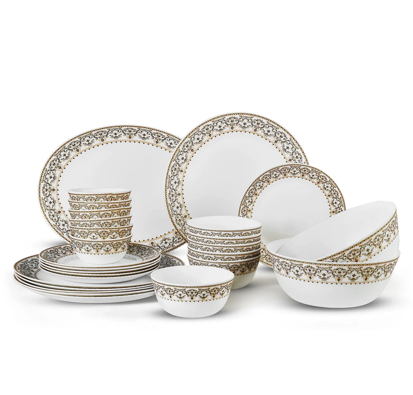 Cello Solitaire Opalware Dinner Set, Ornate Gold