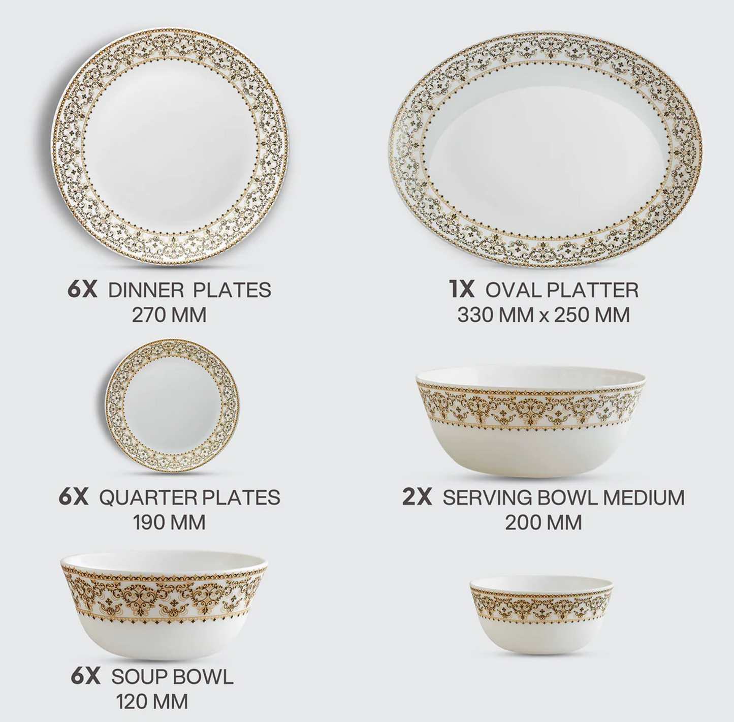 Cello Solitaire Opalware Dinner Set, Ornate Gold