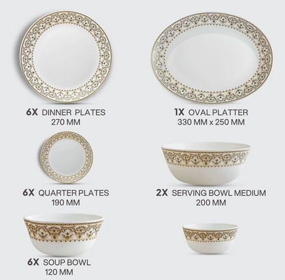 Cello Solitaire Opalware Dinner Set, Ornate Gold