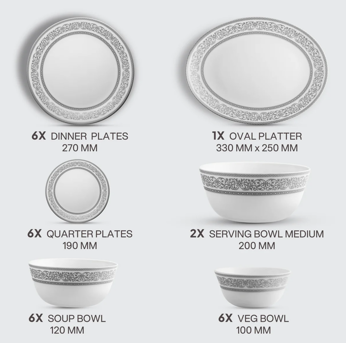 Cello Solitaire Opalware Dinner Set, Argento