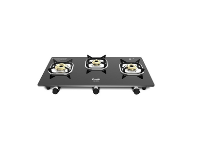 Preethi Silverin 3 Burner Glass Top Gas Stove | Easy-to-Clean with XL Spill Tray | Sparkling Clean in 2 Minutes | 5-Year Glass & Burner Warranty | Lifetime Valve Warranty | ISI Certified
