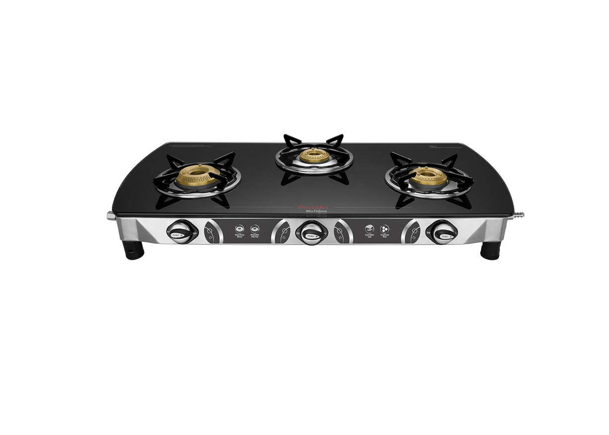 Preethi Blu Flame Blaze Glass top 3 Burner Gas Stove, Manual Ignition, Black (ISI Certified)