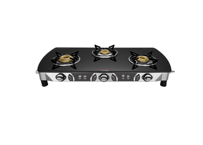Preethi Blu Flame Blaze Glass top 3 Burner Gas Stove, Manual Ignition, Black (ISI Certified)