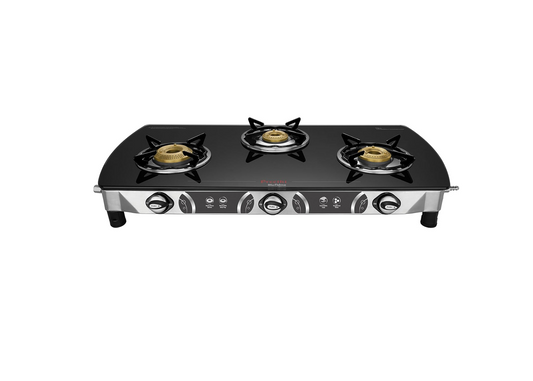 Preethi Blu Flame Blaze Glass top 3 Burner Gas Stove, Manual Ignition, Black (ISI Certified)