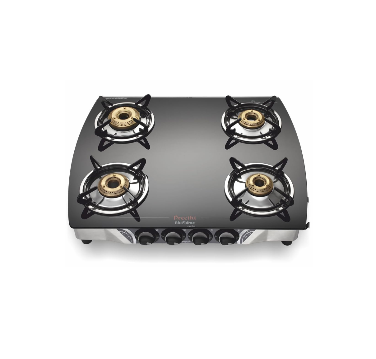 Preethi Blu Flame Jumbo glass top 4 burner gas stove, Manual Ignition, Black