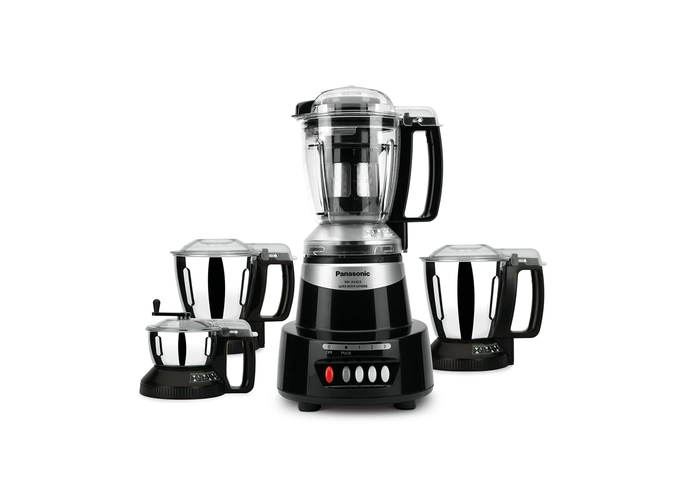 Panasonic Heavy Duty Mixer Grinder For Kitchen MX-AV425 (Charcoal Black) Elements Series Powerful 1500W(MMLW) 4 Jar(Three-304 Stainless Steel & 1Juicer Extractor Jar)|5 Years Motor Warranty
