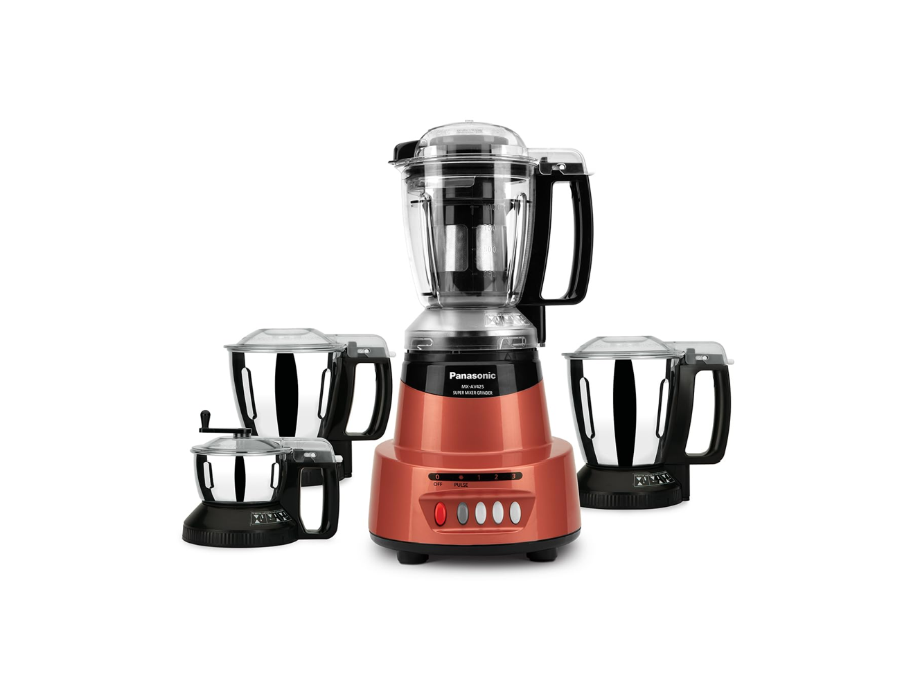 Panasonic Heavy Duty Mixer Grinder For Kitchen MX-AV425 (Rustic Red) Elements Series Powerful 1500W (MMLW) 4 Jar (Three-304 Stainless Steel & 1Juicer Extractor Jar) |5 Years Motor Warranty